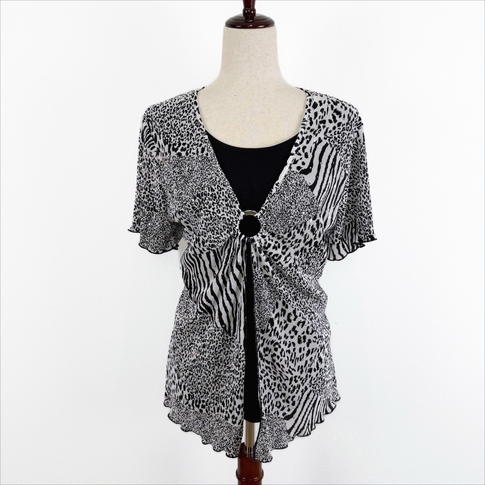 VTG Ashley J Abstract Print Top Womens 1X Black Sequins Crinkle Layered Y2K USA